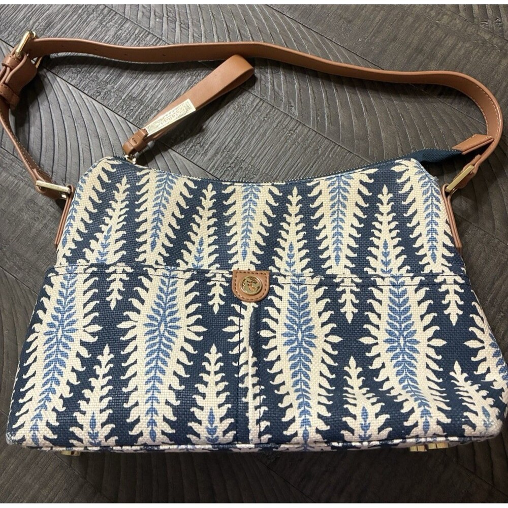 Spartina Blue White Lighthouse Island Pattern Linen & Leather Handbag